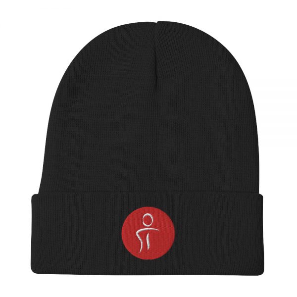 A black beanie hat with the Premier Pain Treatment Institute logo on the front