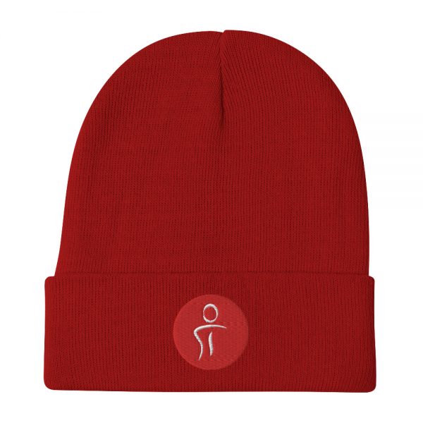A red beanie hat with the Premier Pain Treatment Institute logo on the front