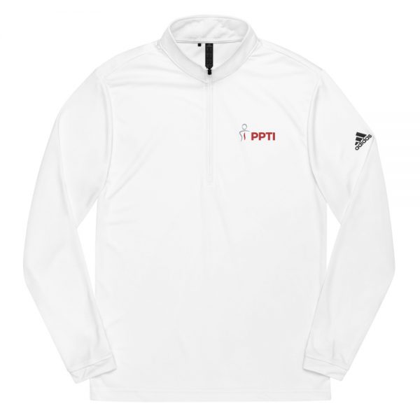 A plain white long-sleeve track jacket with the Premier Pain Treatment Institute logo on the front