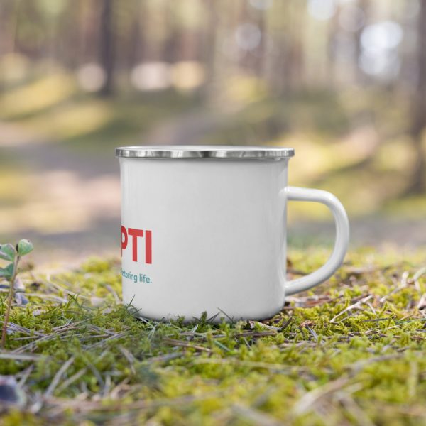 A white coffee mug with the Premier Pain Treatment Institute logo on the front