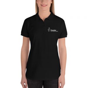 A female wearing a black polo shirt with the Premier Pain Treatment Institute logo on the front