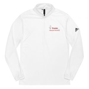 A white long sleeve track jacket with the Premier Pain Treatment Institute logo on the front