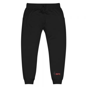 A pair of black pants with the Premier Pain Treatment Institute logo on the front left leg
