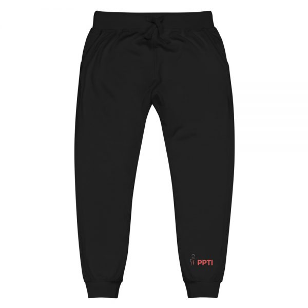 A pair of black pants with the Premier Pain Treatment Institute logo on the front left leg