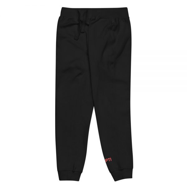 A pair of black pants with the Premier Pain Treatment Institute logo on the bottom left leg