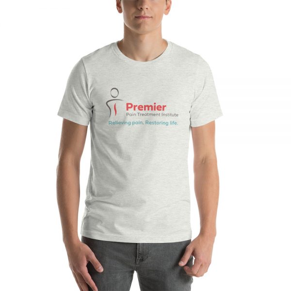 A man wearing a grey tshirt with the Premier Pain Treatment Institute logo on the front
