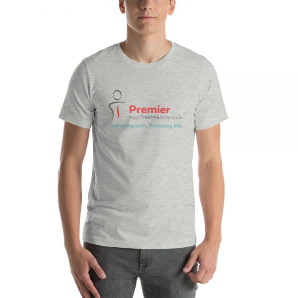 A man wearing a plain grey tshirt with the Premier Pain Treatment logo on the front