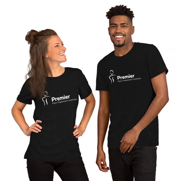 A man and woman wearing matching black tshirts with the Premier Pain Treatment Institute logo on the front