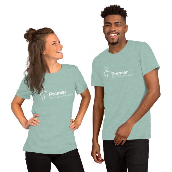 A man and woman wearing matching green tshirts with the Premier Pain Treatment Institute logo on the front