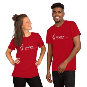 A man and woman wearing matching red tshirts with the Premier Pain Treatment Institute logo on the front