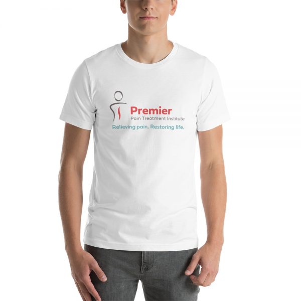 A man wearing a plain white tshirt with the Premier Pain Treatment logo on the front