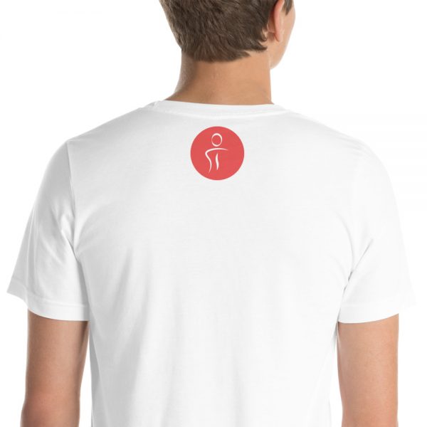 A man wearing a plain white tshirt with the Premier Pain Treatment Insitute logo on the back