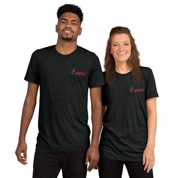 A man and woman wearing matching black tshirts with the Premier Pain Treatment Institute logo on the front