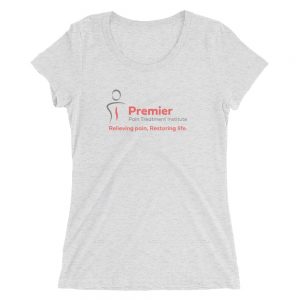 A grey female's t shirt with the Premier Pain Treatment Institute logo on the front