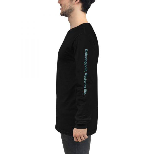 A long sleeve black shirt with the words "relieving pain, restoring life" on the left sleeve