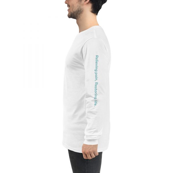 A long sleeve white shirt with the words "relieving pain, restoring life" on the left sleeve