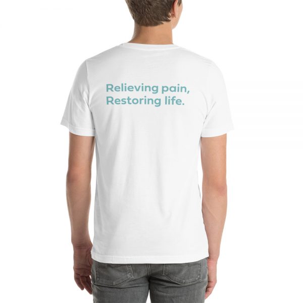 A white tshirt with "relieving pain, restoring life" on the back