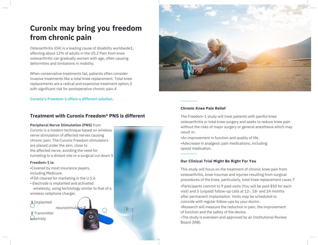 Flyer for Curonix chronic knee pain stimulator trial